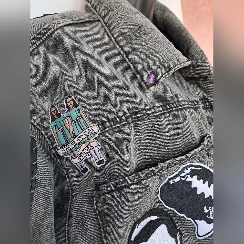 Custom RAGE Horror Cropped Grey Denim Jacket! OOAK Unique Fandom Wear! Friday 13 - Picture 15 of 16